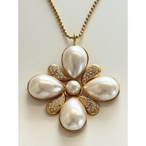 Vintage Rose Benedetti Signed Gold Faux Pearl Maltese Cross Pendant Necklace